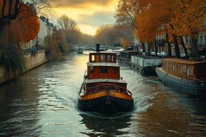 AI generated An old boat in the city canal on the water photo