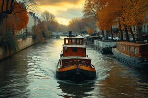 ai generado un antiguo barco en el ciudad canal en el agua foto