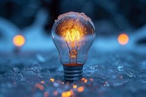 AI generated An ordinary incandescent light bulb stands outside in winter and burns photo