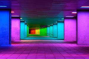 Colorful mulitcolord illuminated gallery tunnel near Museum Park, Rotterdam, The Netherlands photo