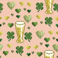 Vector seamless pattern with beer glasses and four leaf clovers on pink. St Patrick day design. Pixel art