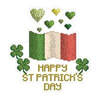 Square vector illustration Happy St Patrick day with irish flag, clover, and hearts. Pixel art.