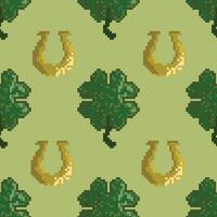 Vector seamless pattern with four leaf clovers and horseshoes. St Patrick Day ornament. Pixel art