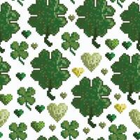 Vector seamless pattern of four leaf clover and hearts. Green on white. Pixel art