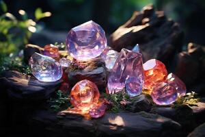 ai generado magia cristales en piedras en el bosque. generado por artificial inteligencia foto