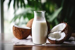 AI generated A bottle of coconut milk on a wooden tray with coconut halves nearby. Healthy nutrition concept. Generated by artificial intelligence photo