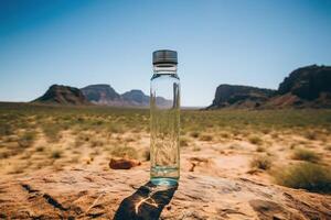 AI generated Glass bottle with water in the desert on a stone. Generative AI photo
