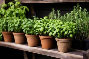 AI generated Pots of fresh basil on a wooden shelf. Generated by artificial intelligence photo