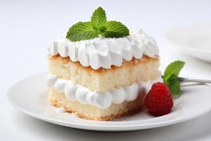 AI generated A piece of white cake with fresh mint and raspberries lies on a plate. Generated by artificial intelligence photo