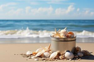 AI generated Seashells and starfish on the beach in a tin in the sand on the beach. Generated by artificial intelligence photo