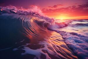 AI generated Foamy sea wave in the rays of sunset against the background of an orange sky. Surfing wave. Generated by artificial intelligence photo