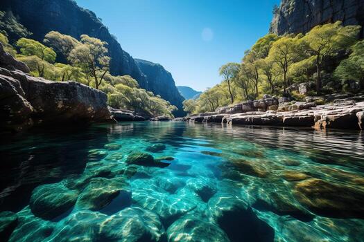 ai generado hermosa paisaje con rocas, río y bosque. generado por artificial inteligencia foto