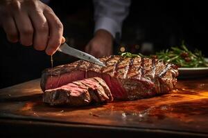 AI generated A man cuts a juicy steak on a wooden board. Generated by artificial intelligence photo