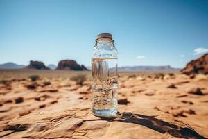 AI generated Glass bottle of water in the middle of the desert. Climate change concept. Generative AI photo