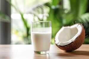 ai generado un vaso de Coco Leche con medio un Coco cerca en un de madera cocina encimera generado por artificial inteligencia foto