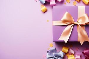 AI generated Congratulatory background with purple gift box, gold ribbon and space for text on the left. Generated by artificial intelligence photo