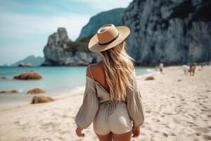 ai generado posterior ver de un rubia mujer en un verano atuendo y un sombrero en un salvaje playa. generado por artificial inteligencia foto