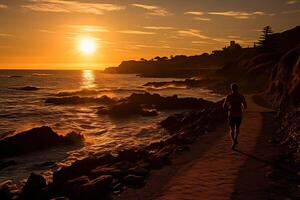 AI generated Silhouette of a man running along the ocean. Generated by artificial intelligence photo