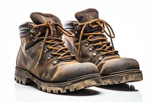 AI generated Old worn military boots on a white background. Generated by artificial intelligence photo