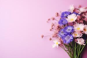 AI generated Pink horizontal background with a bouquet of field flowers. Generated by artificial intelligence photo