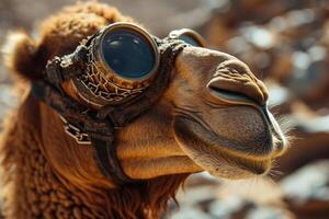 AI generated Portrait of an adult camel in the desert wearing safety glasses. Generated by artificial intelligence photo