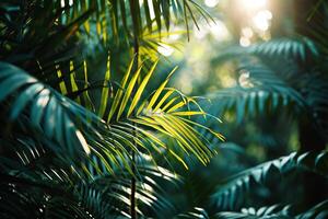 AI generated Beautiful summer view of green tropical leaves in sunlight. Generated by artificial intelligence photo