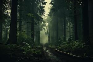 AI generated A path in the middle of a dense foggy forest. Generated by artificial intelligence photo