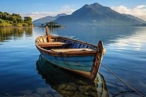 AI generated Vintage wooden boat on the surface of the crystal clear water of a mountain lake. Generated by artificial intelligence photo