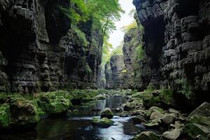 AI generated Rocky landscape. A river between two beautiful rocks. Generated by artificial intelligence photo