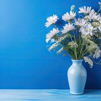 AI generated White daisies in a blue vase on a blue background. Generated by artificial intelligence photo