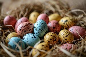 AI generated Colored quail eggs in a straw nest. Easter background. Generative AI photo