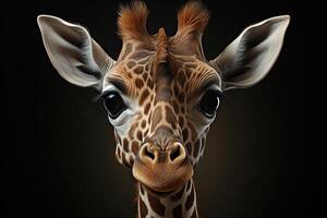 AI generated Close-up photo of a giraffe on a dark background. Generated by artificial intelligence