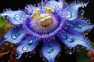 AI generated Beautiful exotic purple flower in water drops close-up. Generated by artificial intelligence photo