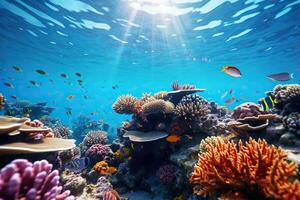 AI generated Underwater scene. Rich underwater world. Corals, reefs, colored fish underwater. Rays of the sun under water. Generated by artificial intelligence photo