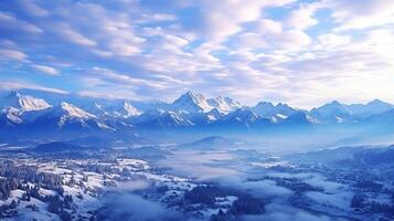 ai generado aéreo ver de el picos de nevadas montañas. generado por artificial inteligencia foto