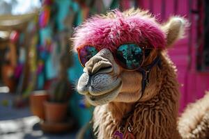 AI generated Hippie camel with a pink mane in sunglasses on a blurred background. Generated by artificial intelligence photo