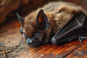 AI generated A bat sleeps on a wooden floor. Generated by artificial intelligence photo