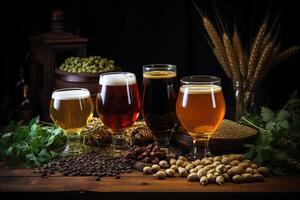 AI generated A set of four glasses of different types of beer on a wooden table with ears of wheat. Generated by artificial intelligence photo