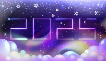 Neon background with snowflakes and rainbow . Merry Christmas and Happy New Year card 2025. Vector eps 10