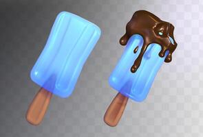 3d conjunto de azul hielo crema en palos con chocolate. chocolate salpicaduras Fruta hielo. vector eps 10