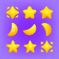 3d set yellow stars and moons. Realistic 3d symbol design. Vector illustration. Eps 10