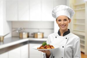 ai generado sonriente cocinero en su cocina foto