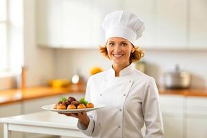 ai generado sonriente cocinero en su cocina foto