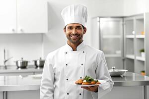 ai generado sonriente cocinero en su cocina foto