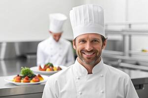 ai generado sonriente cocinero en su cocina foto