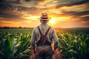 AI generated Rear view of senior farmer standing in corn field examining crop at sunset. photo