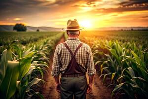 AI generated Rear view of senior farmer standing in corn field examining crop at sunset. photo