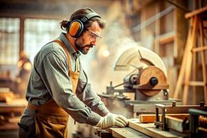 AI generated Carpenter working on woodworking machines in carpentry shop. man works in a carpentry shop. photo