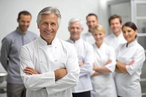 AI generated happy Smiling chef's team in his kitchen photo