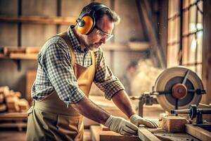 AI generated Carpenter working on woodworking machines in carpentry shop. man works in a carpentry shop. photo
